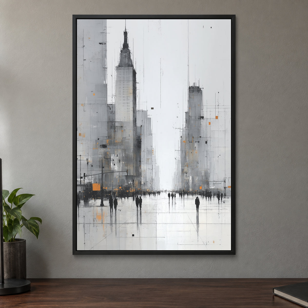 Foggy City Avenue Crowd framed canvas in a black floating frame on a taupe wall above a dark walnut sideboard with a potted plant