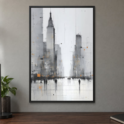 Foggy City Avenue Crowd framed canvas in a black floating frame on a taupe wall above a dark walnut sideboard with a potted plant