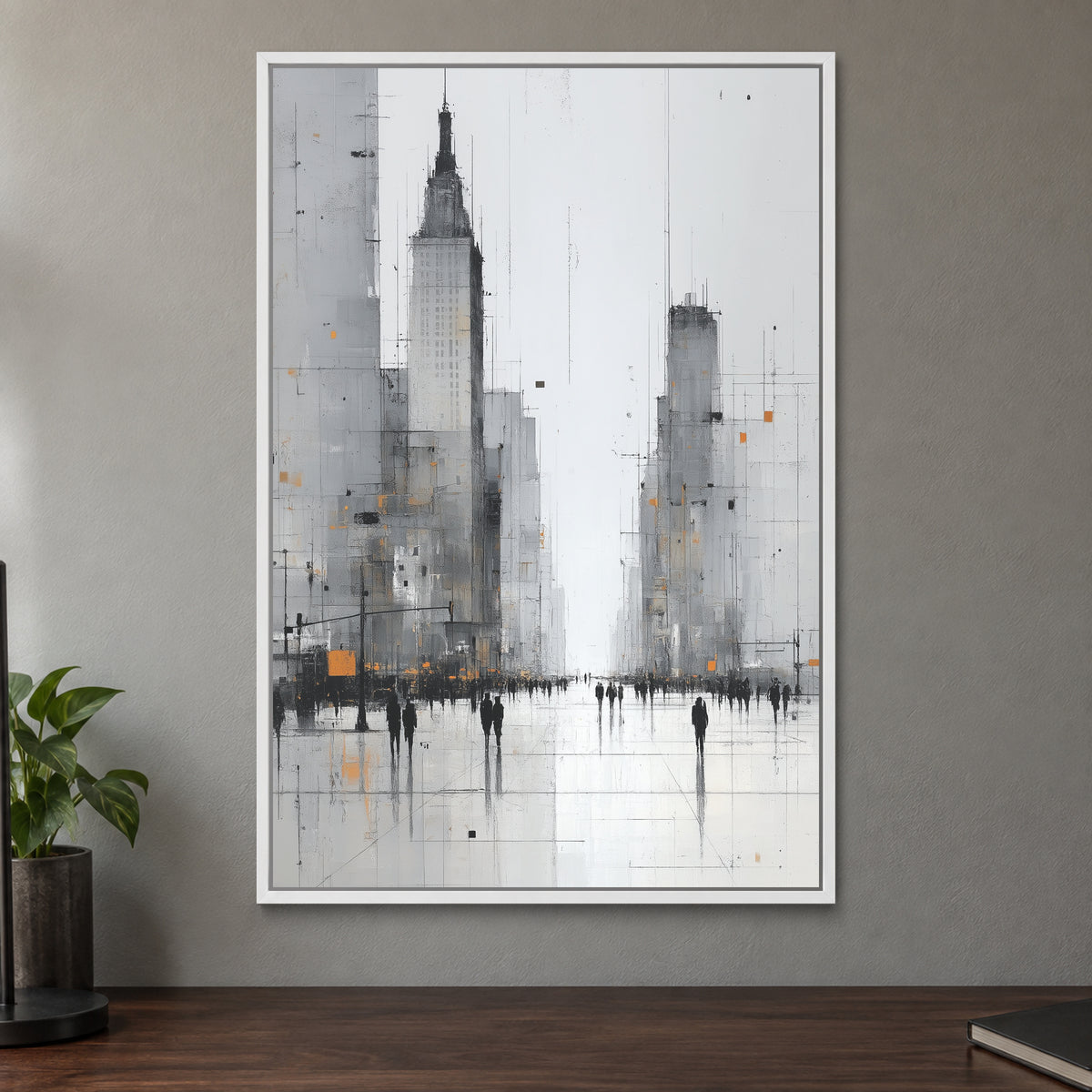 Foggy City Avenue Crowd framed canvas in a white floating frame on a taupe wall above a dark walnut sideboard with a potted plant