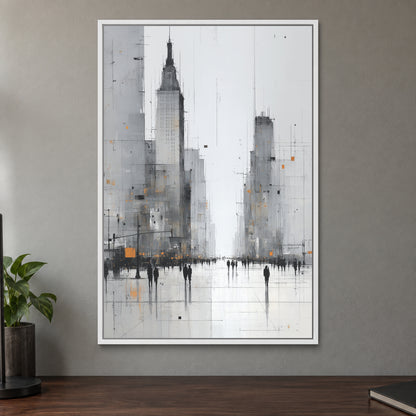Foggy City Avenue Crowd framed canvas in a white floating frame on a taupe wall above a dark walnut sideboard with a potted plant