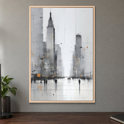 Foggy City Avenue Crowd framed canvas in a natural wood floating frame on a taupe wall above a dark walnut sideboard with a potted plant