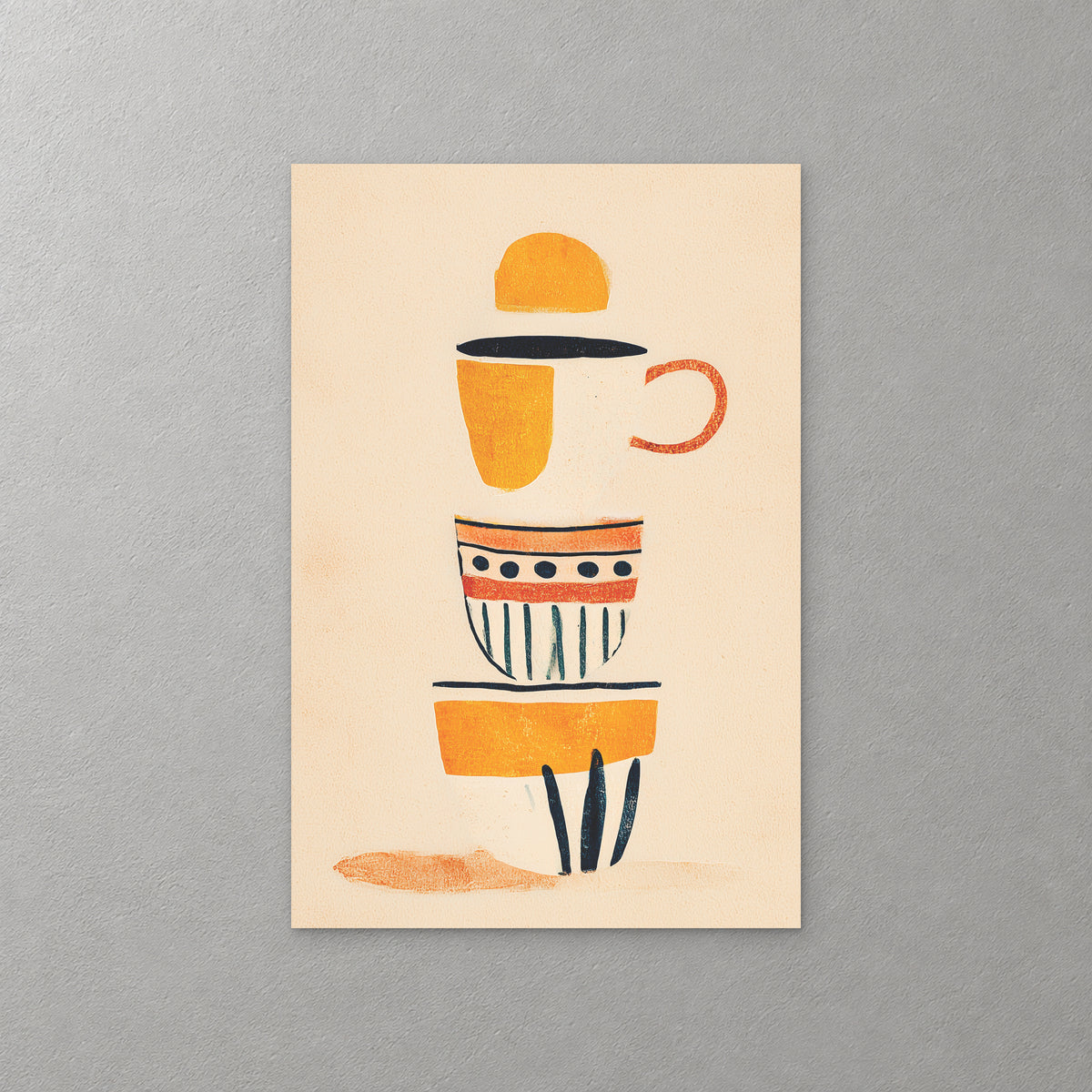 A stack of mid-century cups and bowls in mustard, rust and navy, one striped and one dotted, balanced on a warm cream background — canvas wall art print