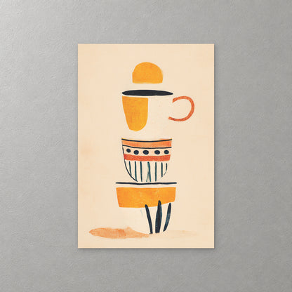 A stack of mid-century cups and bowls in mustard, rust and navy, one striped and one dotted, balanced on a warm cream background — canvas wall art print