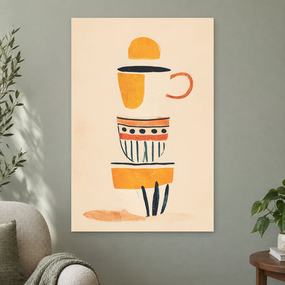 Coffee Break Mid Century canvas wall art on a sage green wall beside a cream armchair