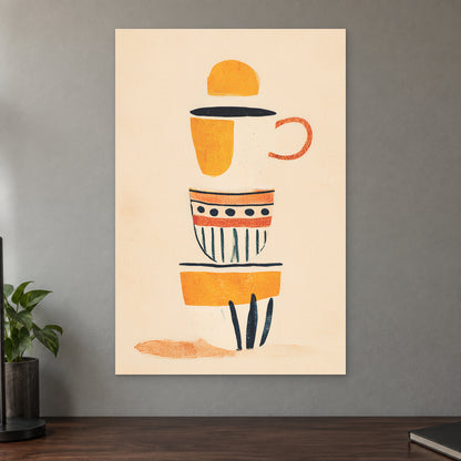 Coffee Break Mid Century canvas wall art on a taupe wall above a dark walnut sideboard with a potted plant