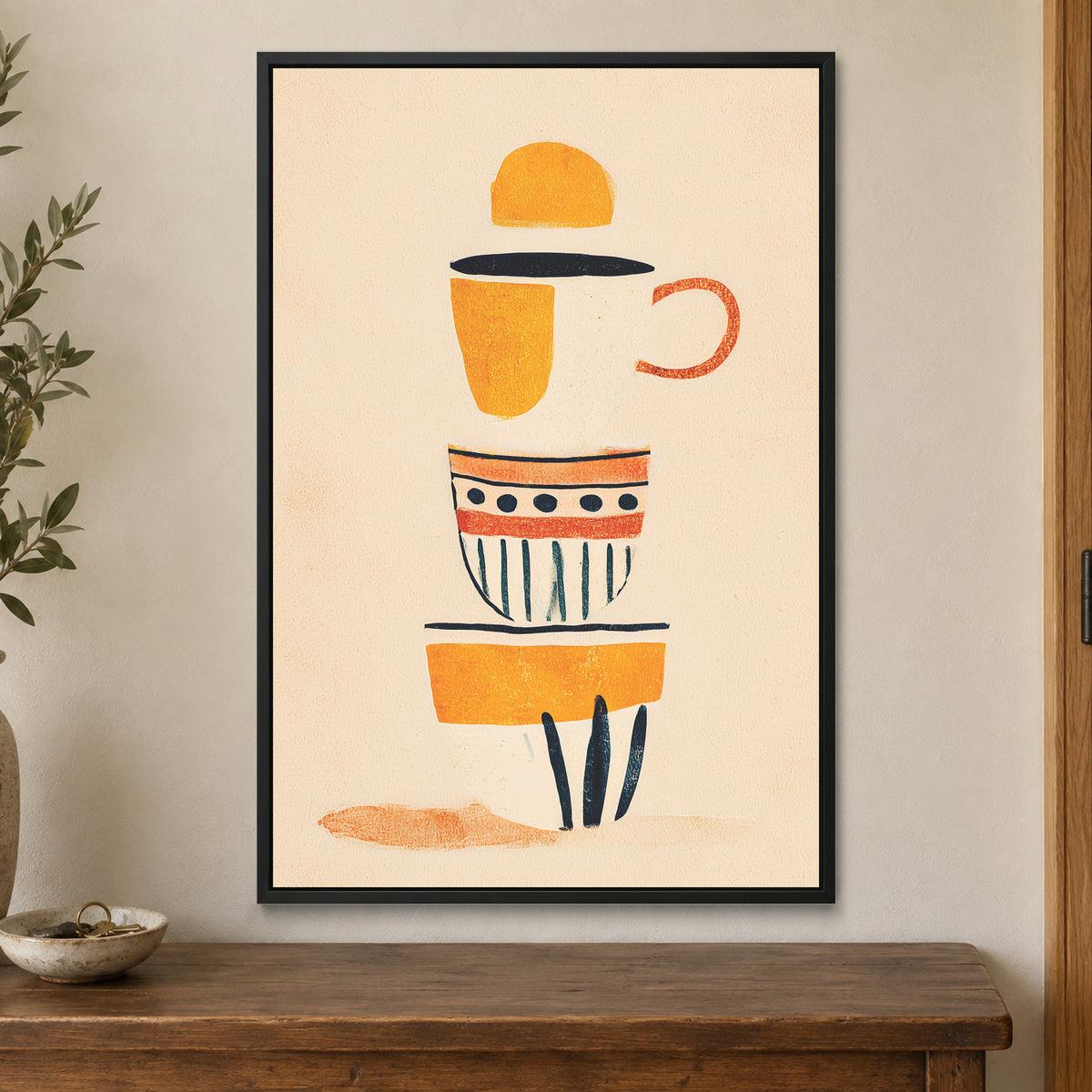 Coffee Break Mid Century framed canvas in a black floating frame on a cream wall above a wooden sideboard beside a door frame