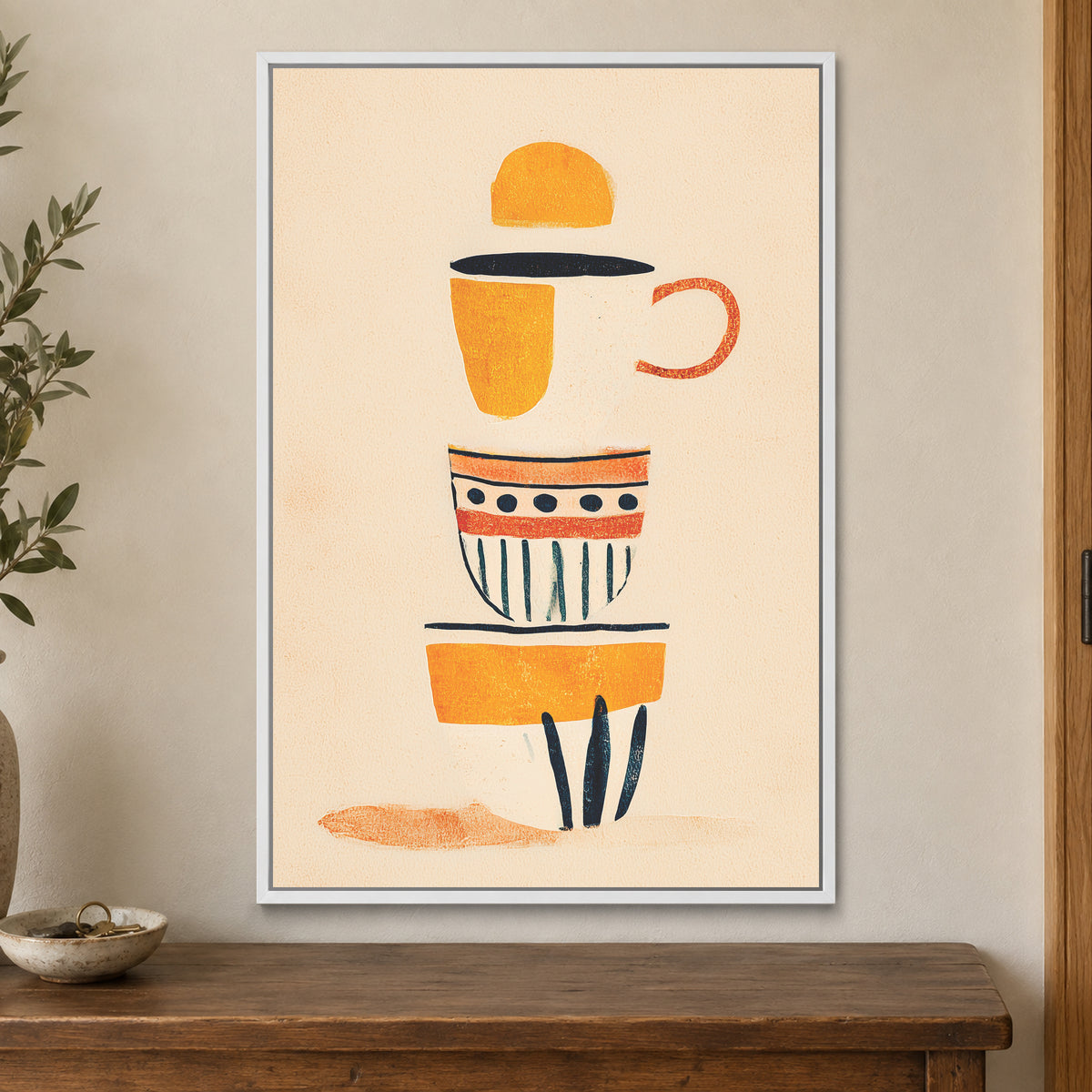 Coffee Break Mid Century framed canvas in a white floating frame on a cream wall above a wooden sideboard beside a door frame