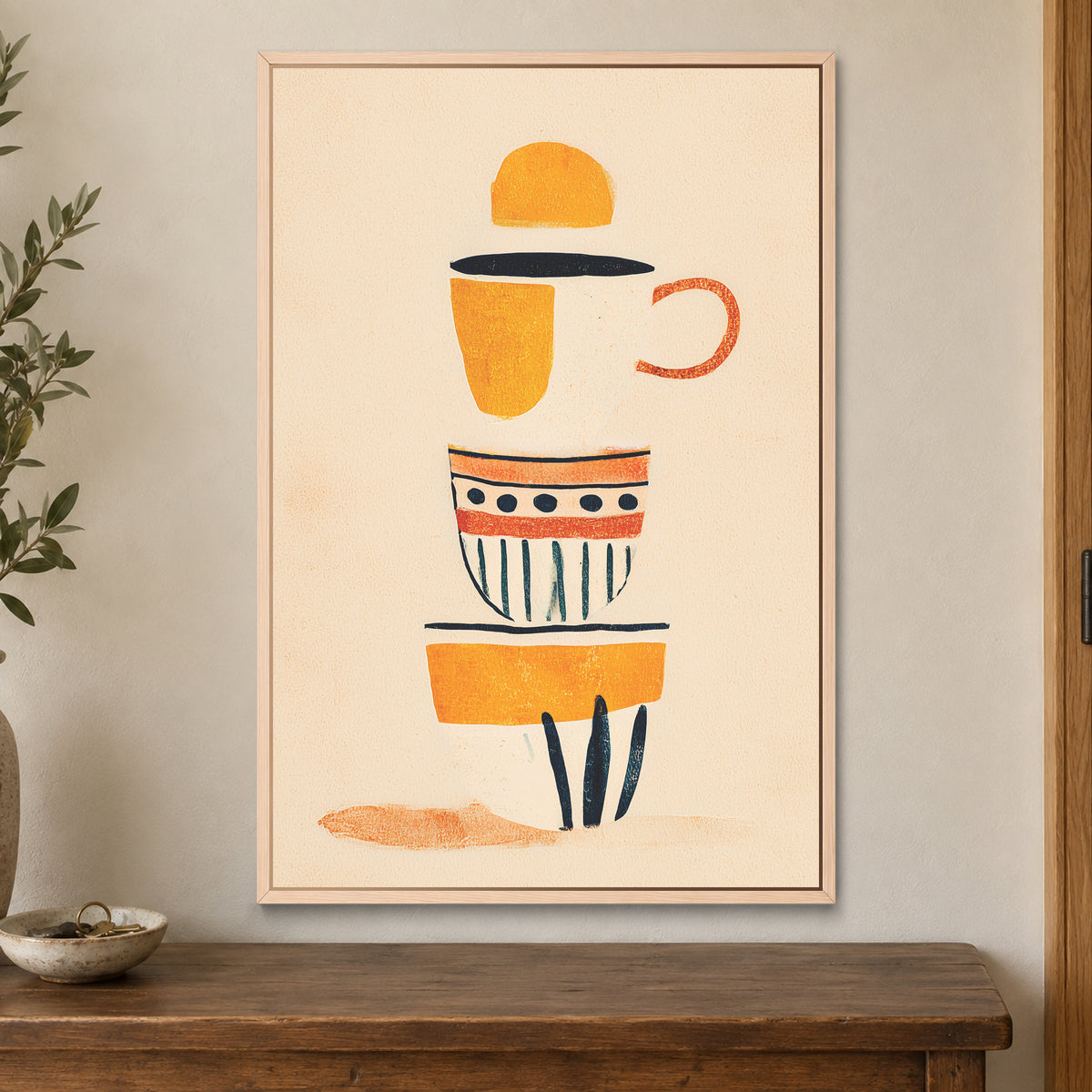Coffee Break Mid Century framed canvas in a natural wood floating frame on a cream wall above a wooden sideboard beside a door frame
