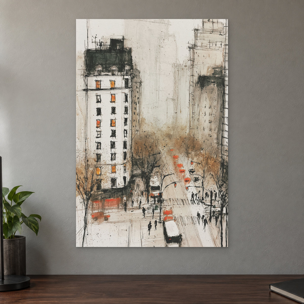 New York Cabs From Above canvas wall art on a taupe wall above a dark walnut sideboard with a potted plant