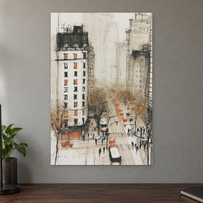 New York Cabs From Above canvas wall art on a taupe wall above a dark walnut sideboard with a potted plant