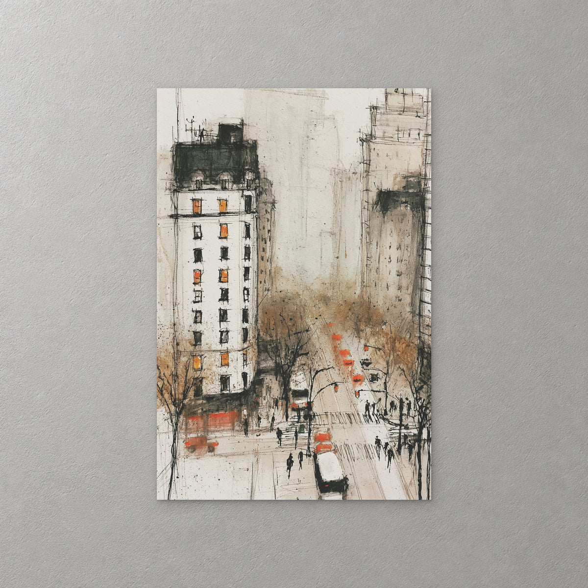 A white New York building with lit windows looks down on a busy avenue of red cabs and walkers, drawn in black ink with washes of rust and sand — canvas wall art print