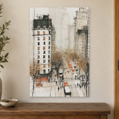 New York Cabs From Above canvas wall art on a cream wall above a wooden sideboard beside a door frame