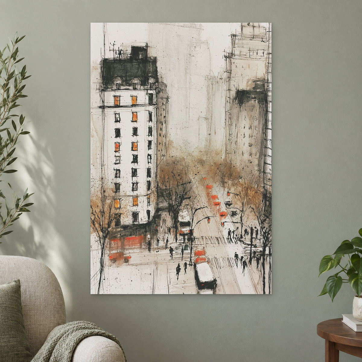 New York Cabs From Above canvas wall art on a sage green wall beside a cream armchair