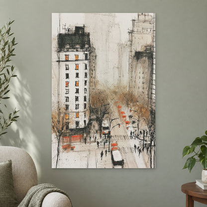 New York Cabs From Above canvas wall art on a sage green wall beside a cream armchair