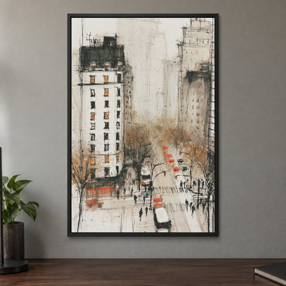 New York Cabs From Above framed canvas in a black floating frame on a taupe wall above a dark walnut sideboard with a potted plant
