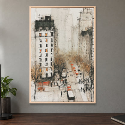 New York Cabs From Above framed canvas in a natural wood floating frame on a taupe wall above a dark walnut sideboard with a potted plant