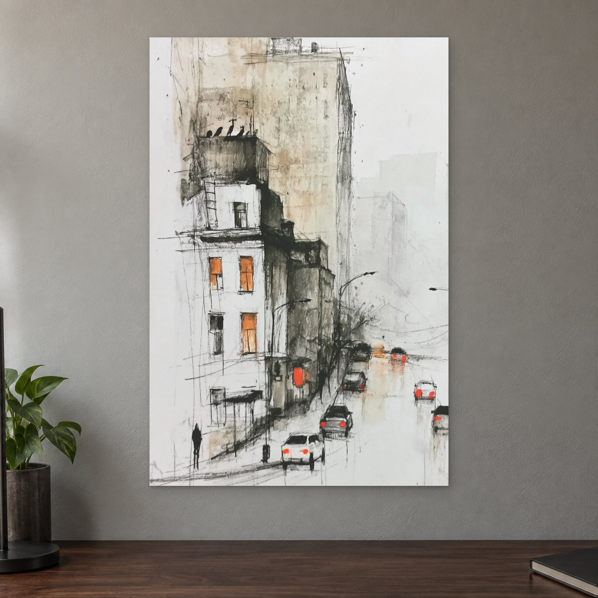 New York Rain Tail Lights canvas wall art on a taupe wall above a dark walnut sideboard with a potted plant