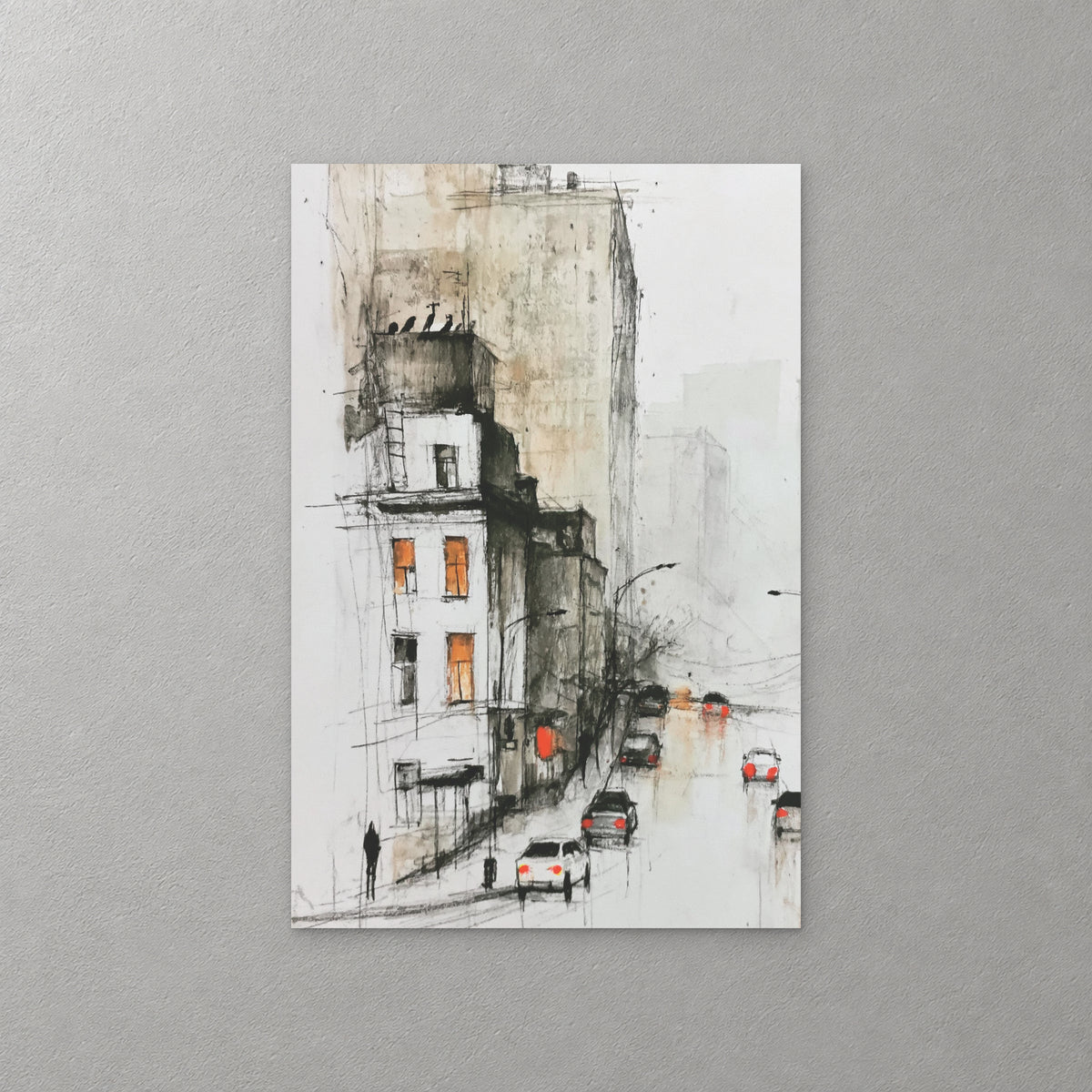 A New York street in the rain, a white building with lit orange windows and cars with red tail lights reflected on the wet road, in black ink and soft wash — canvas wall art print