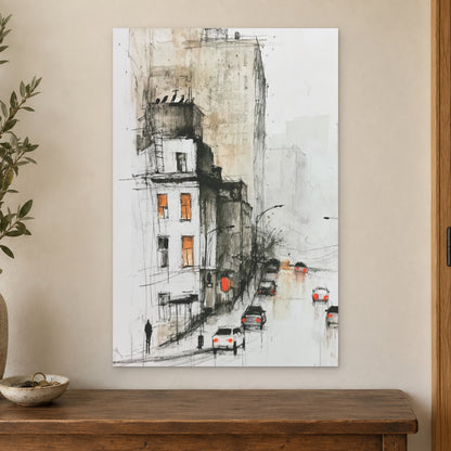 New York Rain Tail Lights canvas wall art on a cream wall above a wooden sideboard beside a door frame