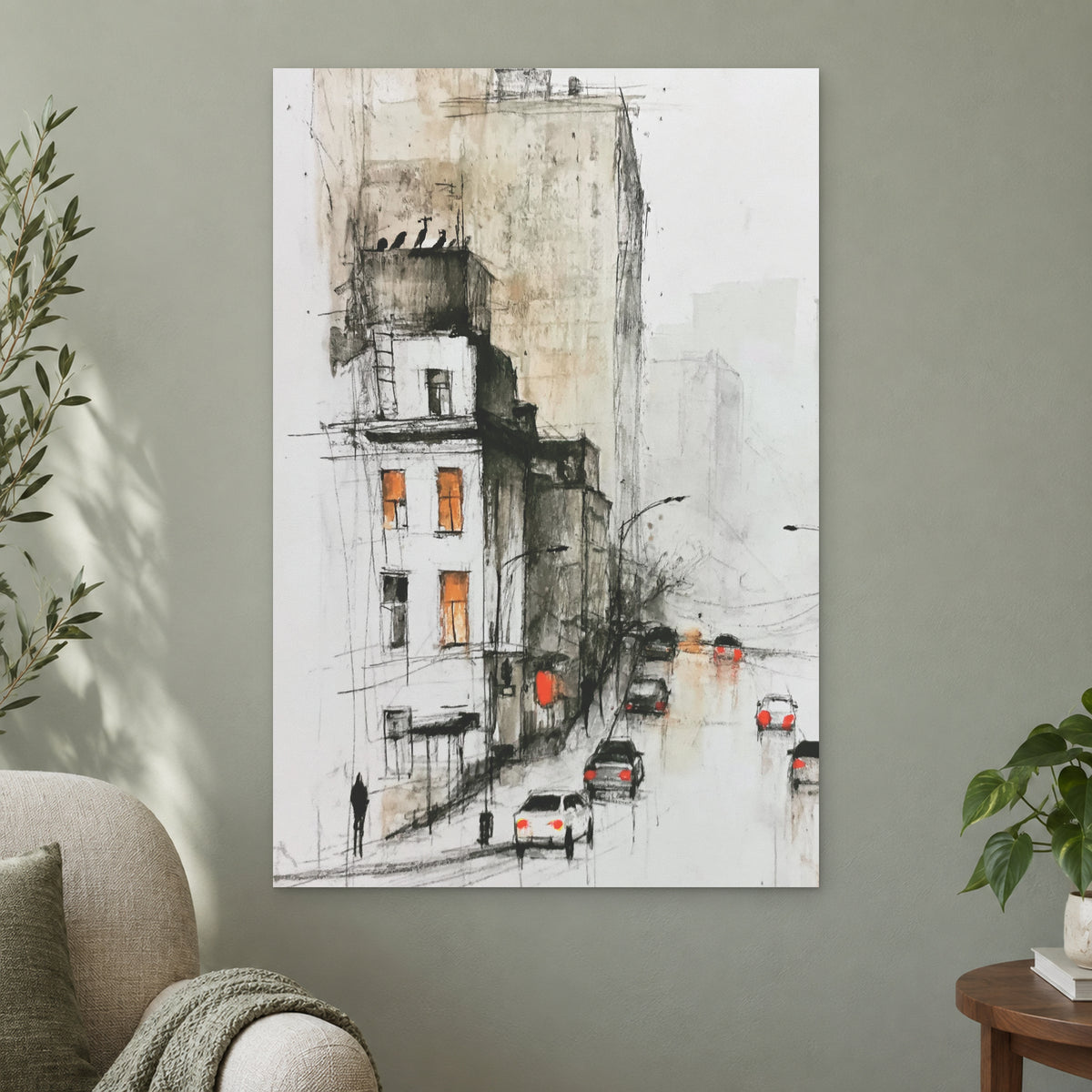 New York Rain Tail Lights canvas wall art on a sage green wall beside a cream armchair