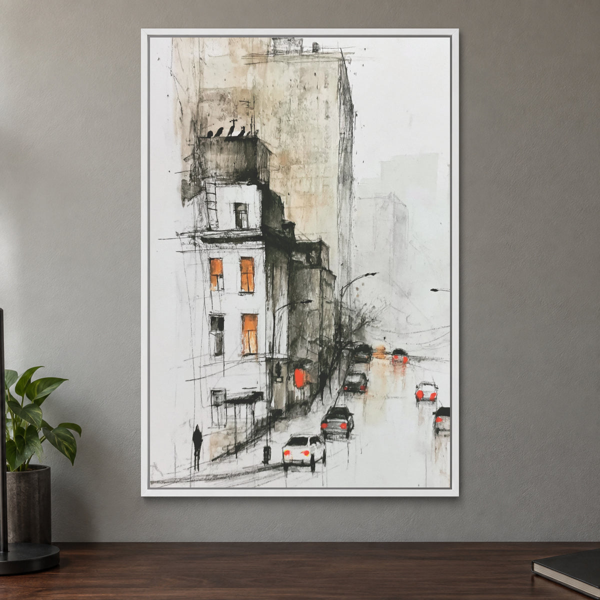 New York Rain Tail Lights framed canvas in a white floating frame on a taupe wall above a dark walnut sideboard with a potted plant