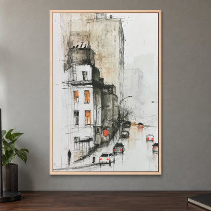 New York Rain Tail Lights framed canvas in a natural wood floating frame on a taupe wall above a dark walnut sideboard with a potted plant