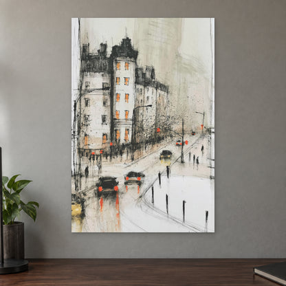 New York Corner in the Rain canvas wall art on a taupe wall above a dark walnut sideboard with a potted plant