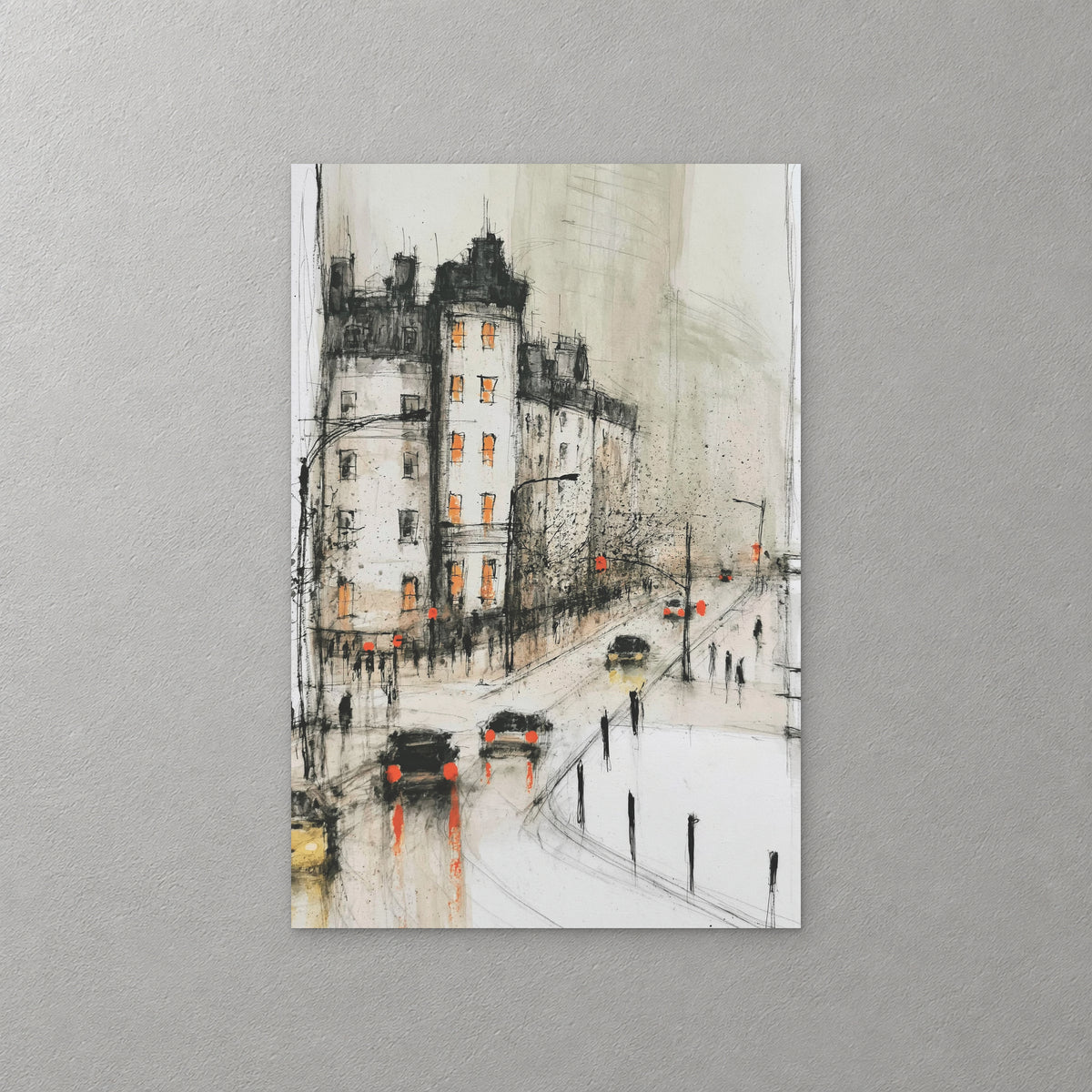 A New York street corner in the rain with lit orange windows, a yellow cab and cars with red tail lights reflected on the wet road, drawn in black ink — canvas wall art print