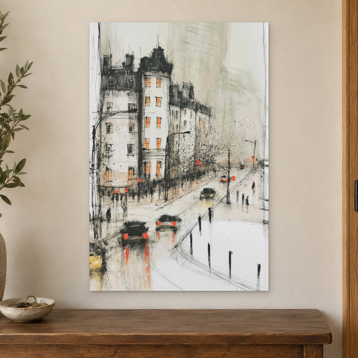 New York Corner in the Rain canvas wall art on a cream wall above a wooden sideboard beside a door frame