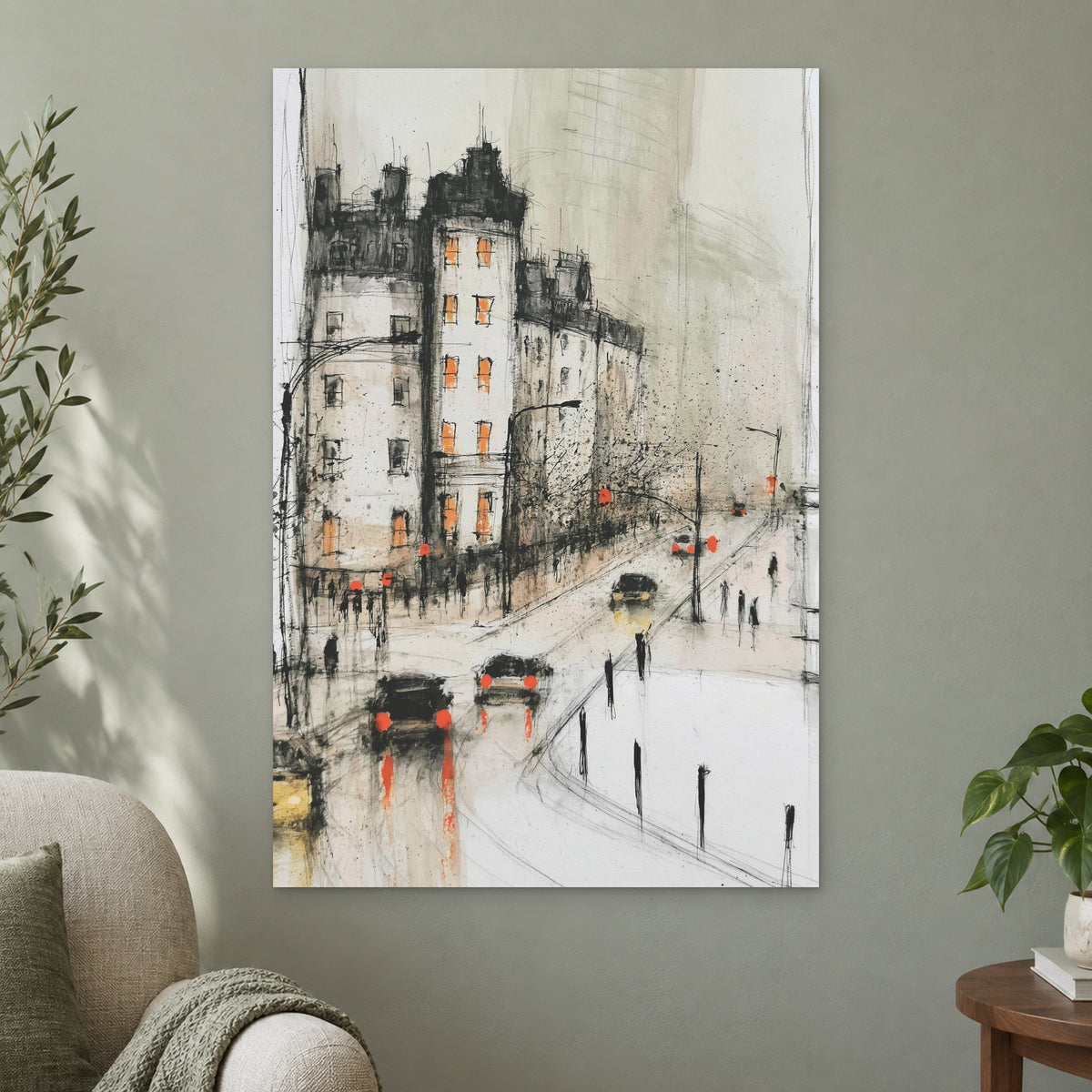 New York Corner in the Rain canvas wall art on a sage green wall beside a cream armchair