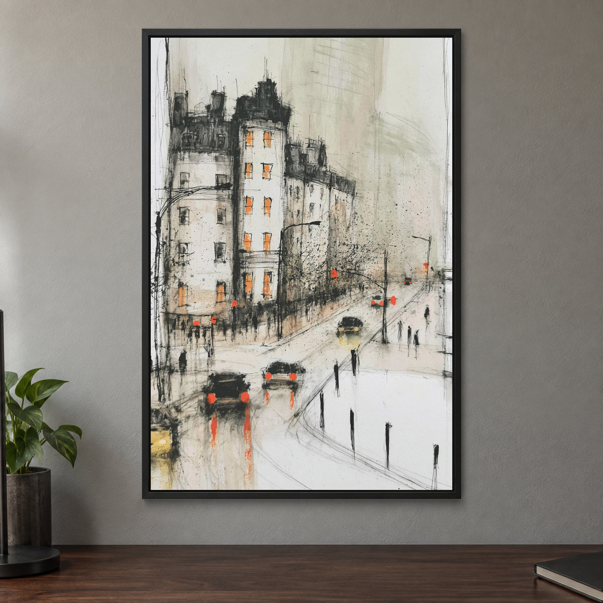 New York Corner in the Rain framed canvas in a black floating frame on a taupe wall above a dark walnut sideboard with a potted plant