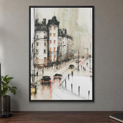 New York Corner in the Rain framed canvas in a black floating frame on a taupe wall above a dark walnut sideboard with a potted plant