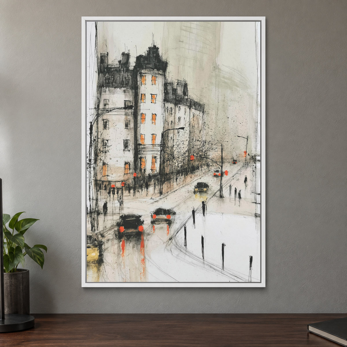 New York Corner in the Rain framed canvas in a white floating frame on a taupe wall above a dark walnut sideboard with a potted plant