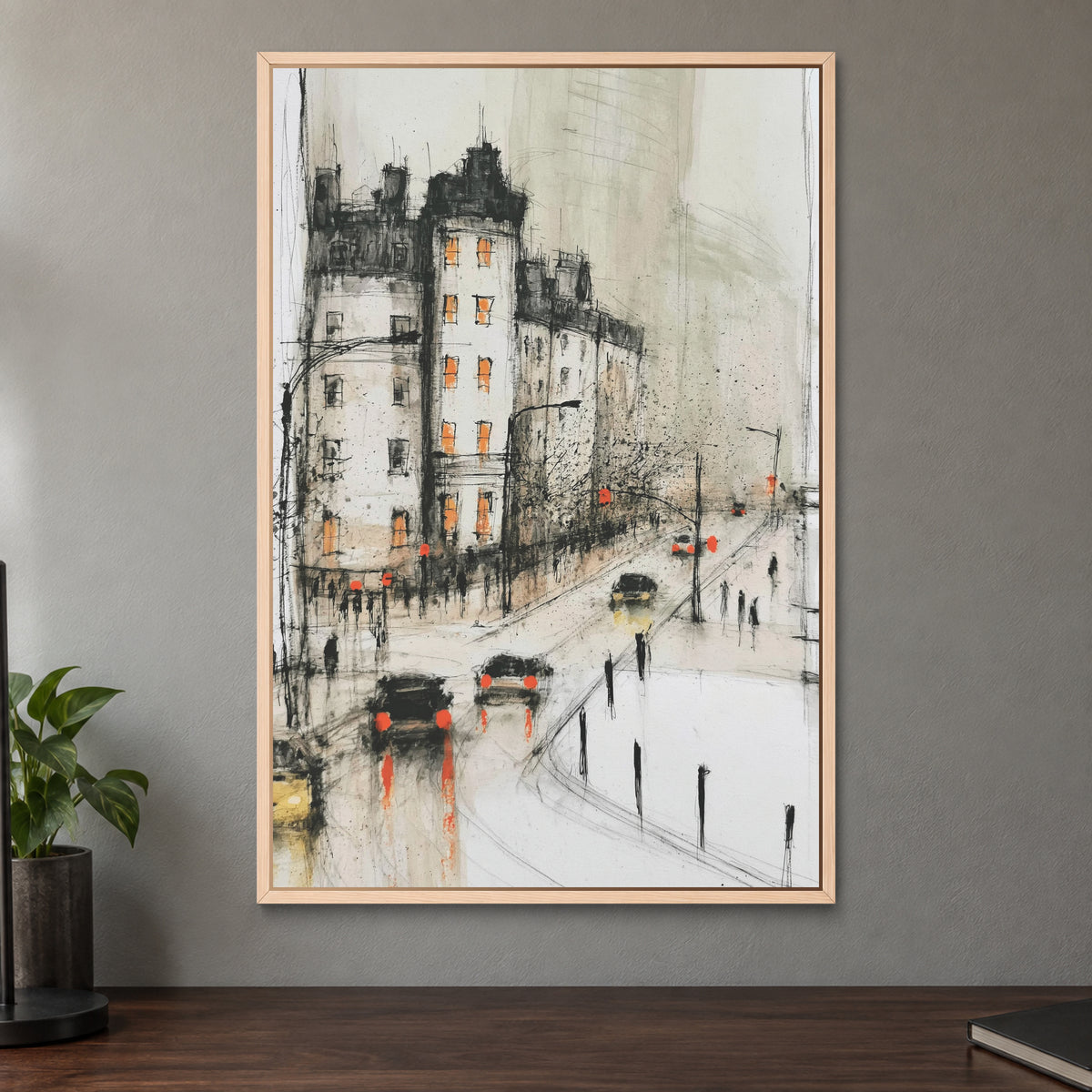 New York Corner in the Rain framed canvas in a natural wood floating frame on a taupe wall above a dark walnut sideboard with a potted plant