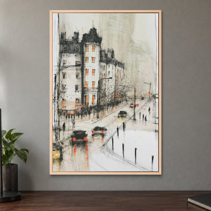 New York Corner in the Rain framed canvas in a natural wood floating frame on a taupe wall above a dark walnut sideboard with a potted plant