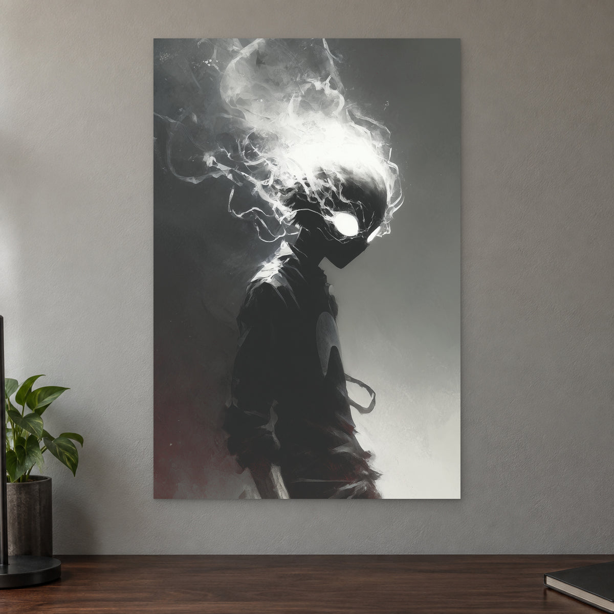 Smoking Head Hero canvas wall art on a taupe wall above a dark walnut sideboard with a potted plant