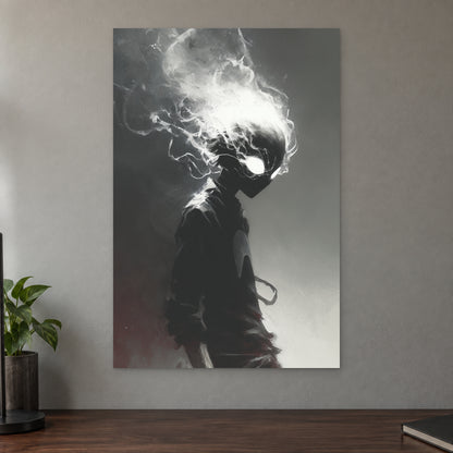 Smoking Head Hero canvas wall art on a taupe wall above a dark walnut sideboard with a potted plant