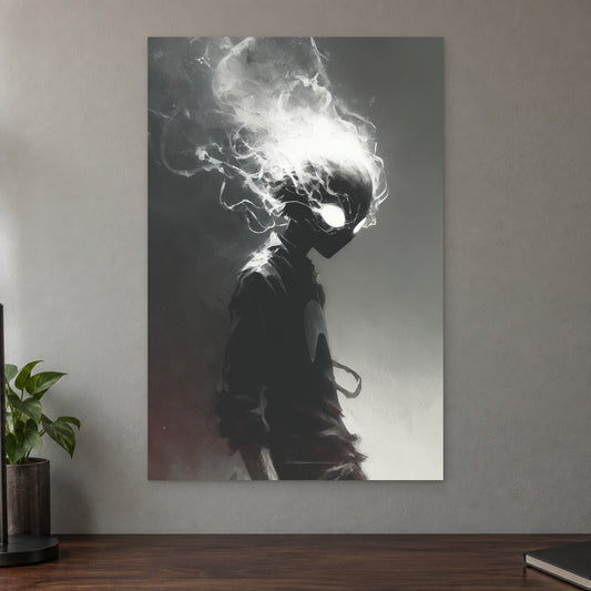 Smoking Head Hero canvas wall art on a taupe wall above a dark walnut sideboard with a potted plant