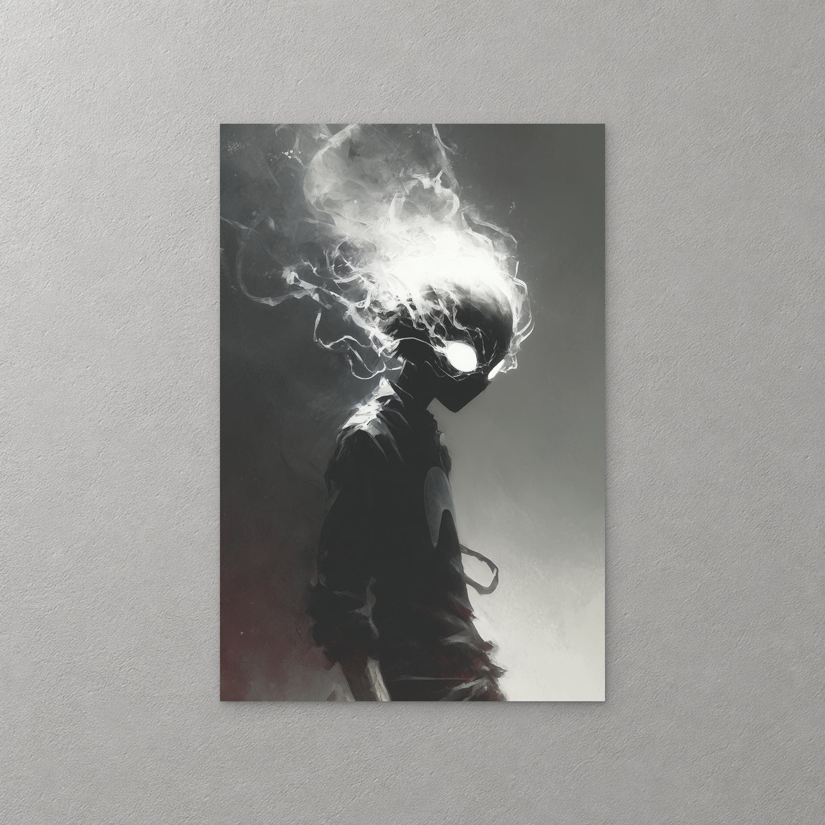 A dark hooded figure with one glowing white eye stands in shadow while white smoke pours up from its head, in black and grey — canvas wall art print