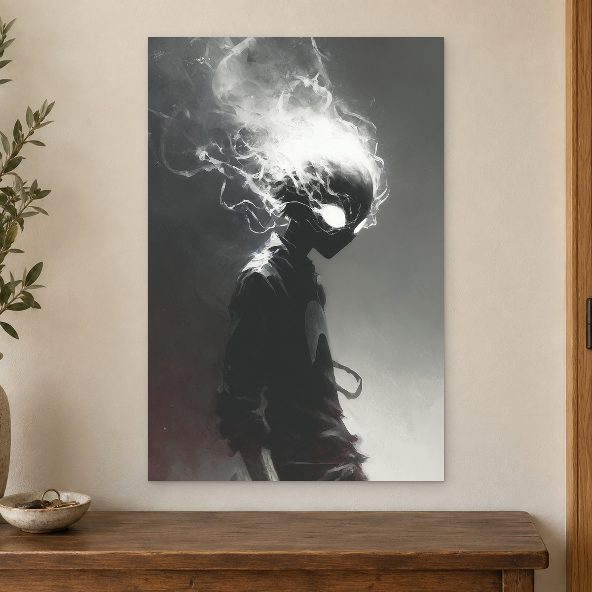 Smoking Head Hero canvas wall art on a cream wall above a wooden sideboard beside a door frame