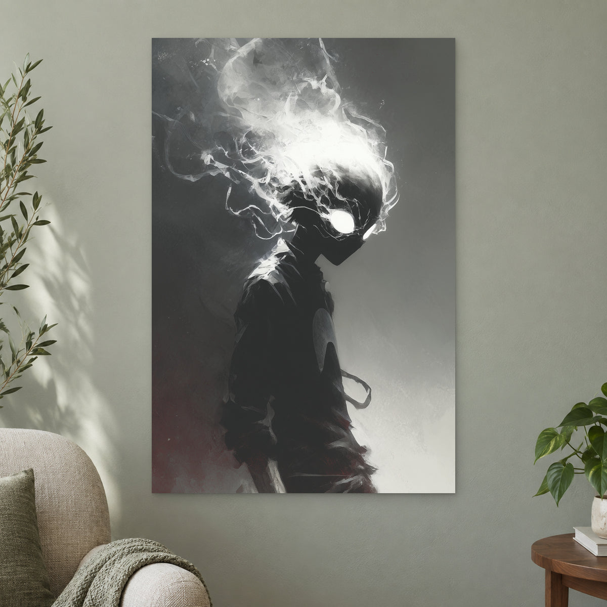 Smoking Head Hero canvas wall art on a sage green wall beside a cream armchair