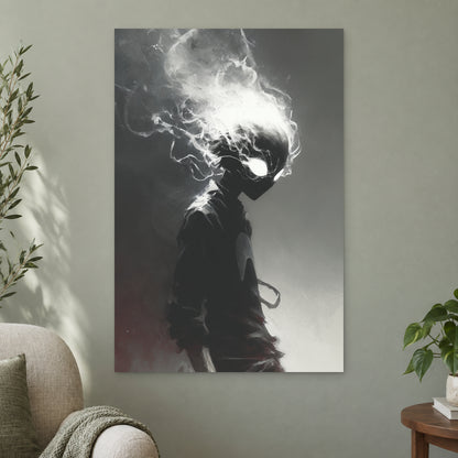 Smoking Head Hero canvas wall art on a sage green wall beside a cream armchair