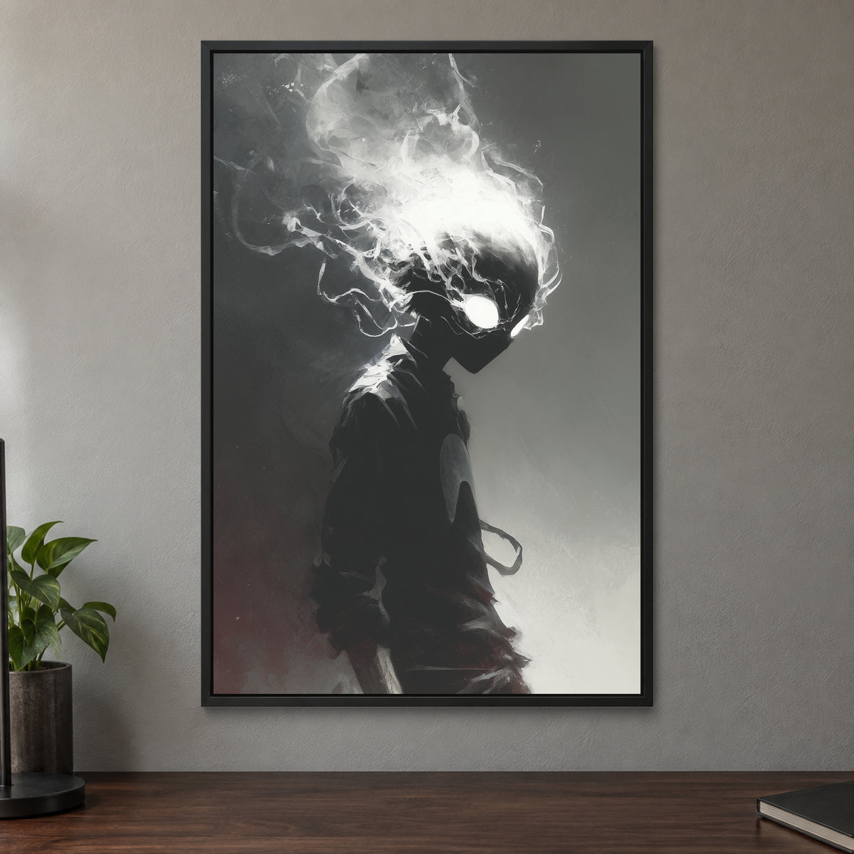 Smoking Head Hero framed canvas in a black floating frame on a taupe wall above a dark walnut sideboard with a potted plant