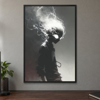 Smoking Head Hero framed canvas in a black floating frame on a taupe wall above a dark walnut sideboard with a potted plant