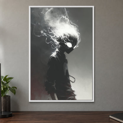 Smoking Head Hero framed canvas in a white floating frame on a taupe wall above a dark walnut sideboard with a potted plant