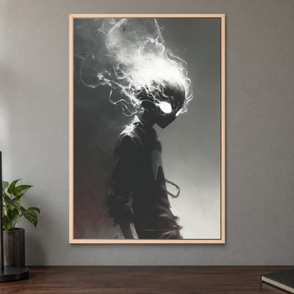 Smoking Head Hero framed canvas in a natural wood floating frame on a taupe wall above a dark walnut sideboard with a potted plant