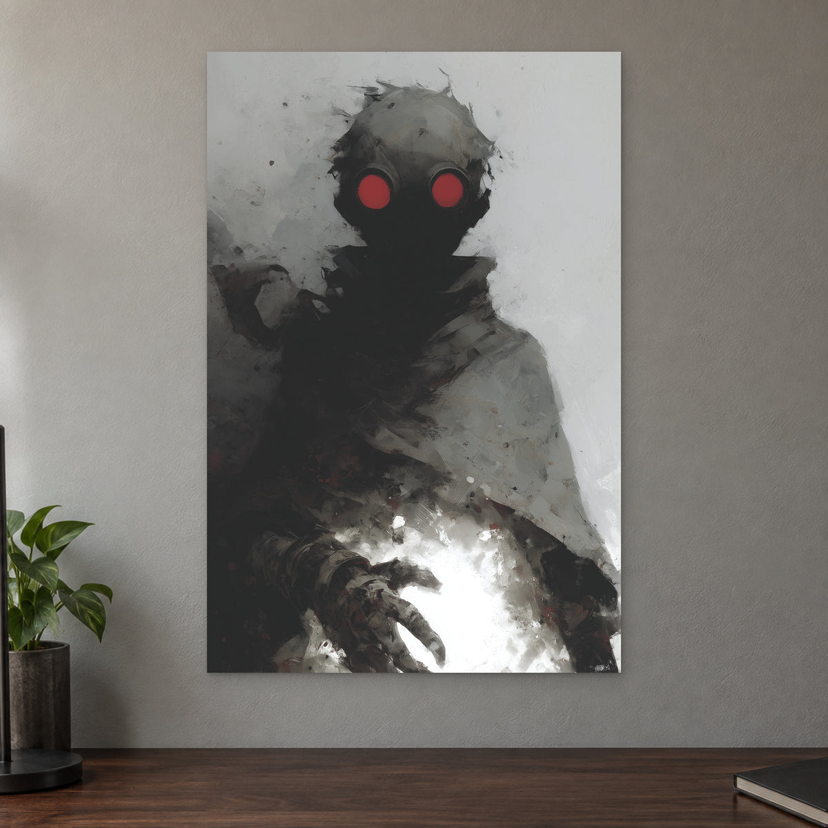 Wasteland Gas Mask Figure canvas wall art on a taupe wall above a dark walnut sideboard with a potted plant