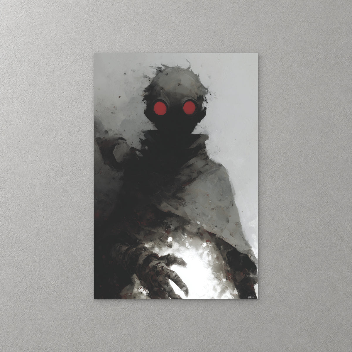 A hooded figure in a gas mask with two glowing red lenses reaches toward a burst of white light, in charcoal, grey and off-white — canvas wall art print