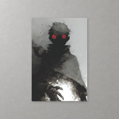 A hooded figure in a gas mask with two glowing red lenses reaches toward a burst of white light, in charcoal, grey and off-white — canvas wall art print