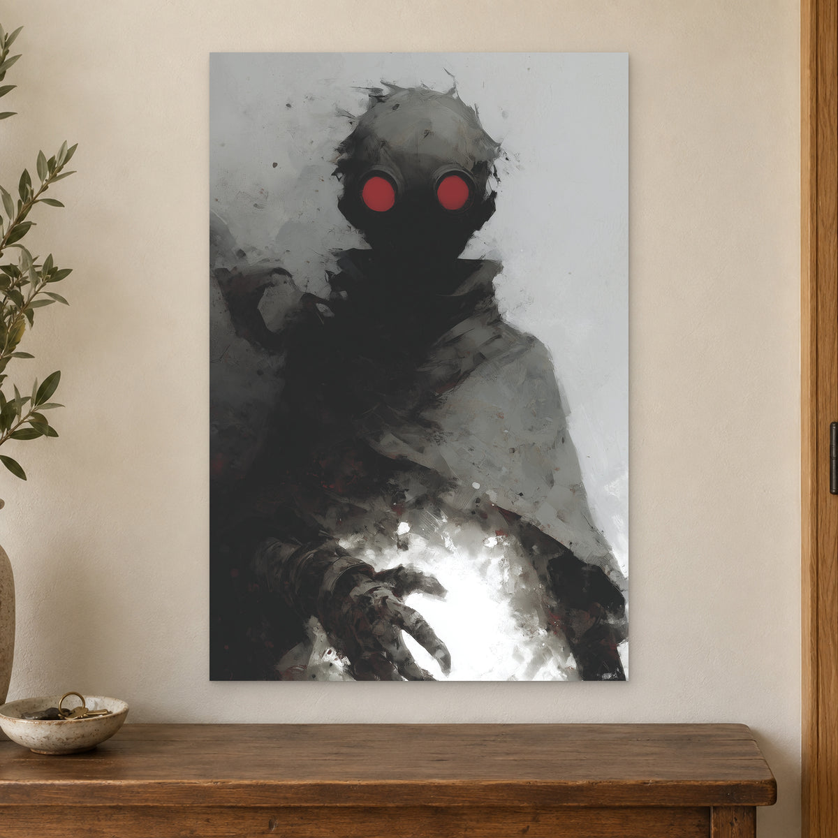 Wasteland Gas Mask Figure canvas wall art on a cream wall above a wooden sideboard beside a door frame